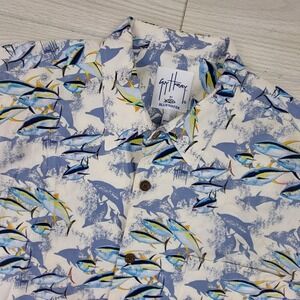 Guy Harvey AFTCO Button Down Shirt Mens XL White Blue Tuna Dolphin Fish Print